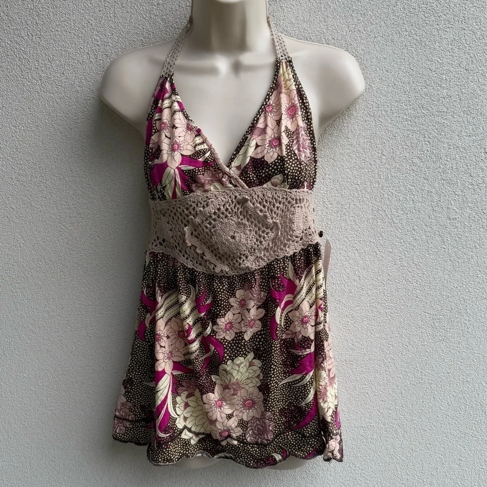 Free People Kitschy Floral Print & Crochet Halter Large